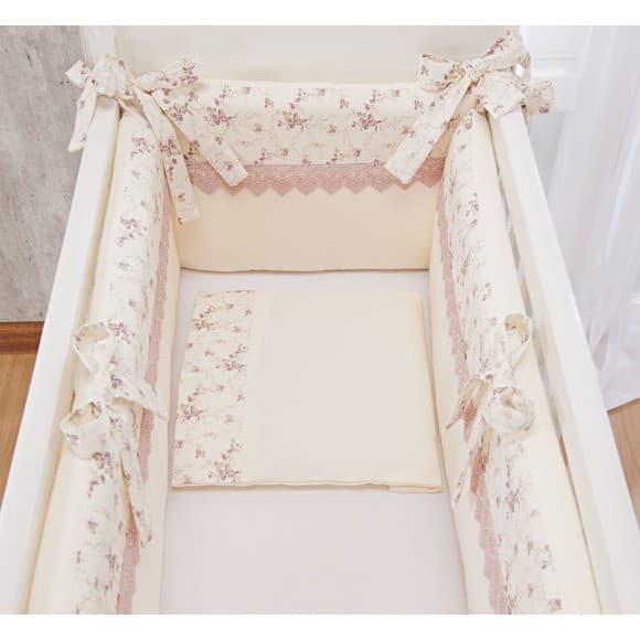 Kit Para mini Berço Bebe Menina Rosê Floral Rosa Antigo 3pçs