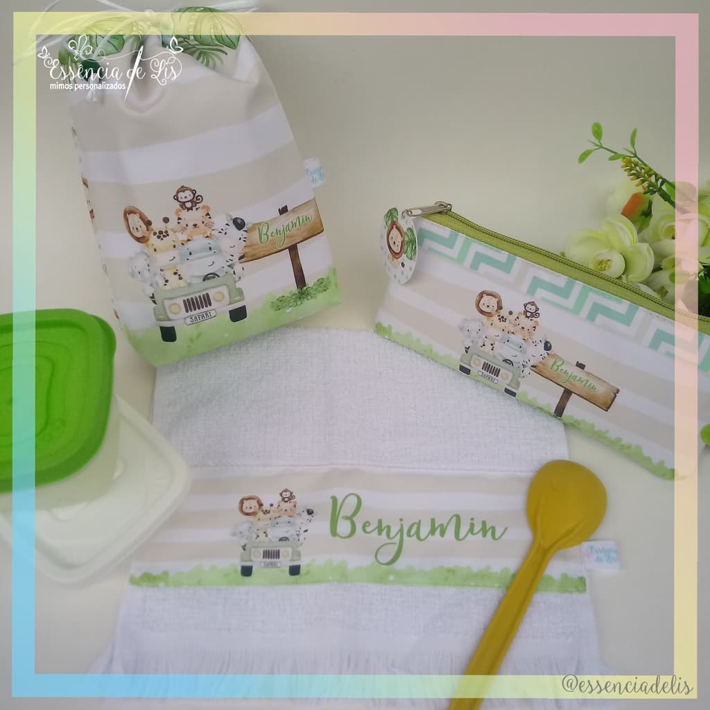 Kit Lanchinho Personalizado : Saquinho térmico + Estojo para talher + Toalhinha lanche