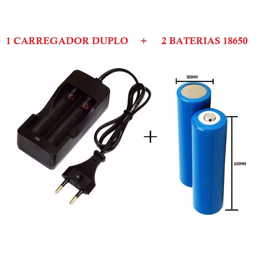 1 Carregador Duplo Bivolt + 2 Baterias 18650 Recarregável 3.7v / 4.2v