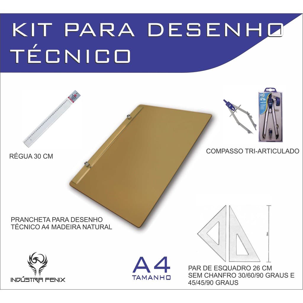 Kit Desenho Técnico Prancheta Engenharia Arquitetura Edificações a4 NAT Esquadros 26 cm Compasso 303