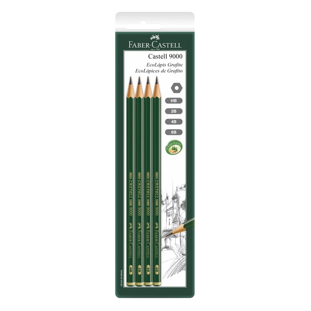 4 Ecolápis Grafite FABER-CASTELL 9000 HB 2B 4B 6B Encartelado