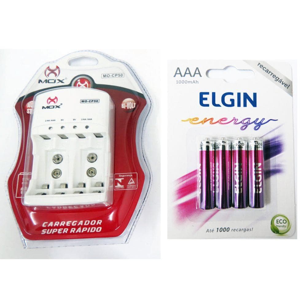 Pilha Recarregavel Aaa 900mah C/4 Elgin + Carregador CP50 Mox