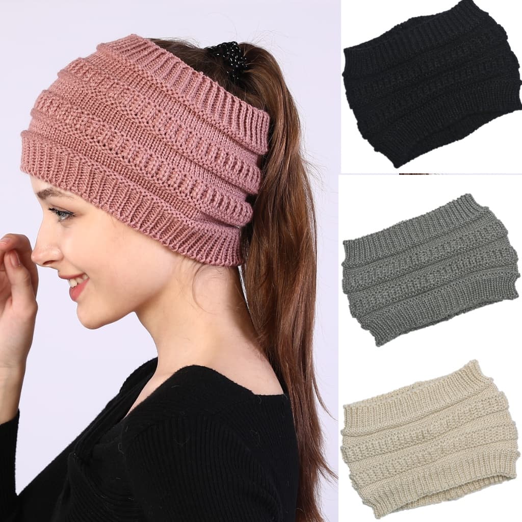 Moda Outono-Inverno Toca De Cabeça Feminina Tricotada Com Faixa Para Rabo De Cavalo