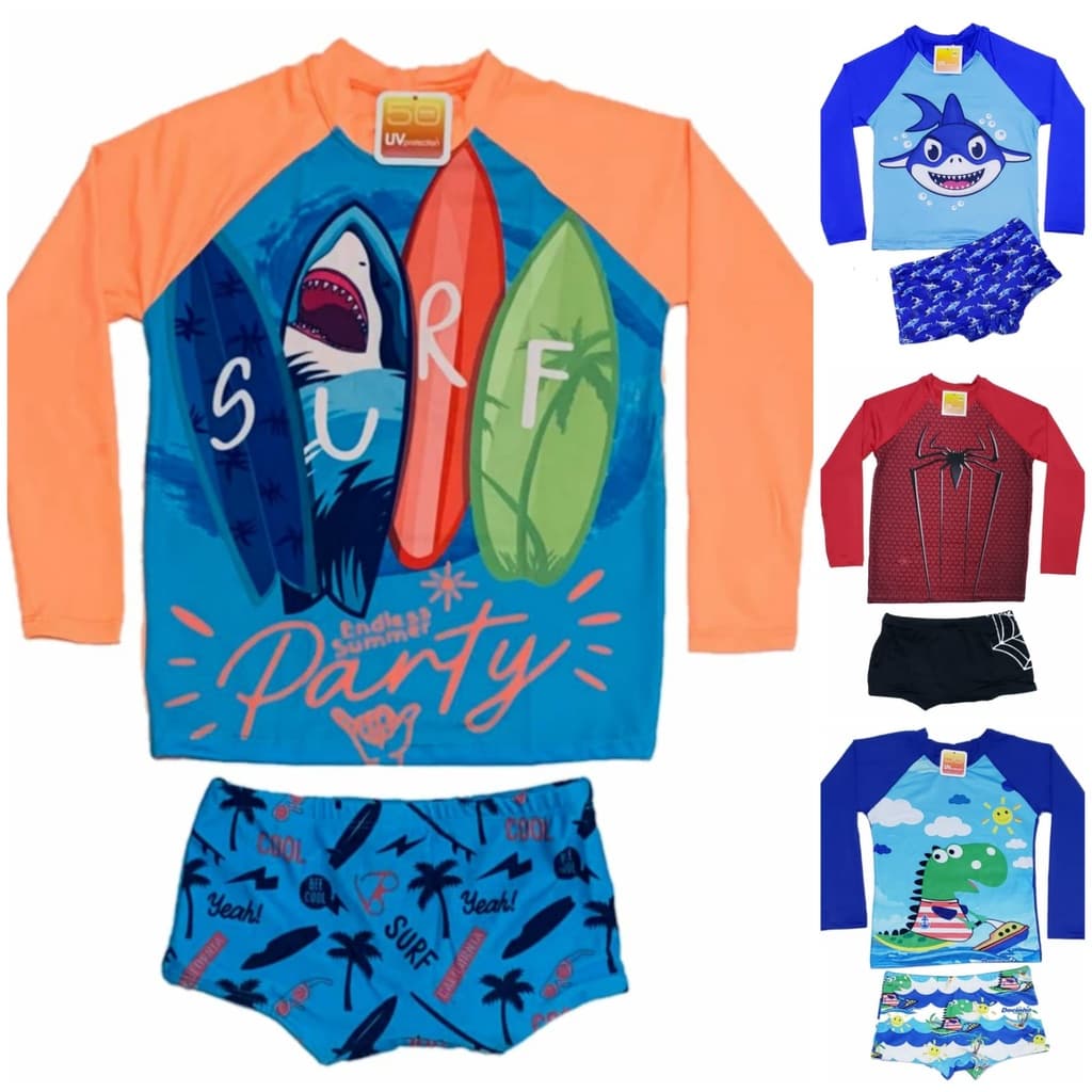 Kit Camisa de proteção solar UV 50 azul claro + sunga tubarões infantil/juvenil até 12 anos
