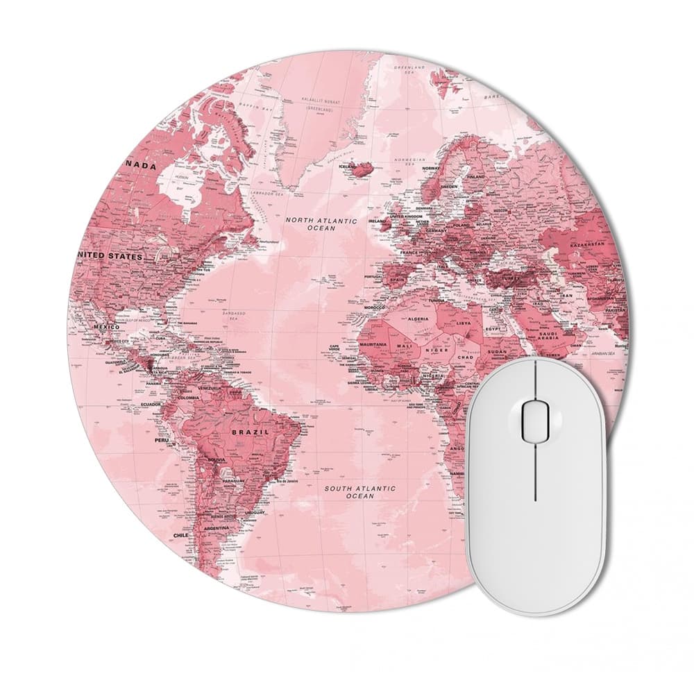 Mouse pad Mapa Mundi Rosa Antiderrapante Premium Nerd Geek Redondo