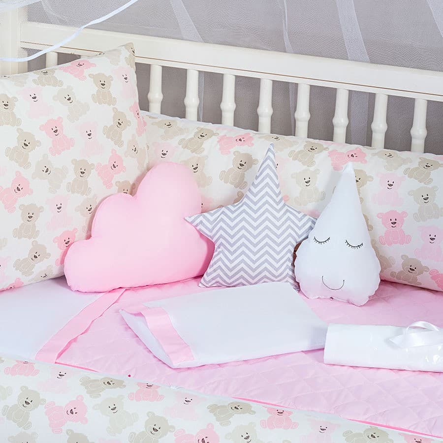Protetor de berço menina ursinho 2 laterais 13 peças rosa claro