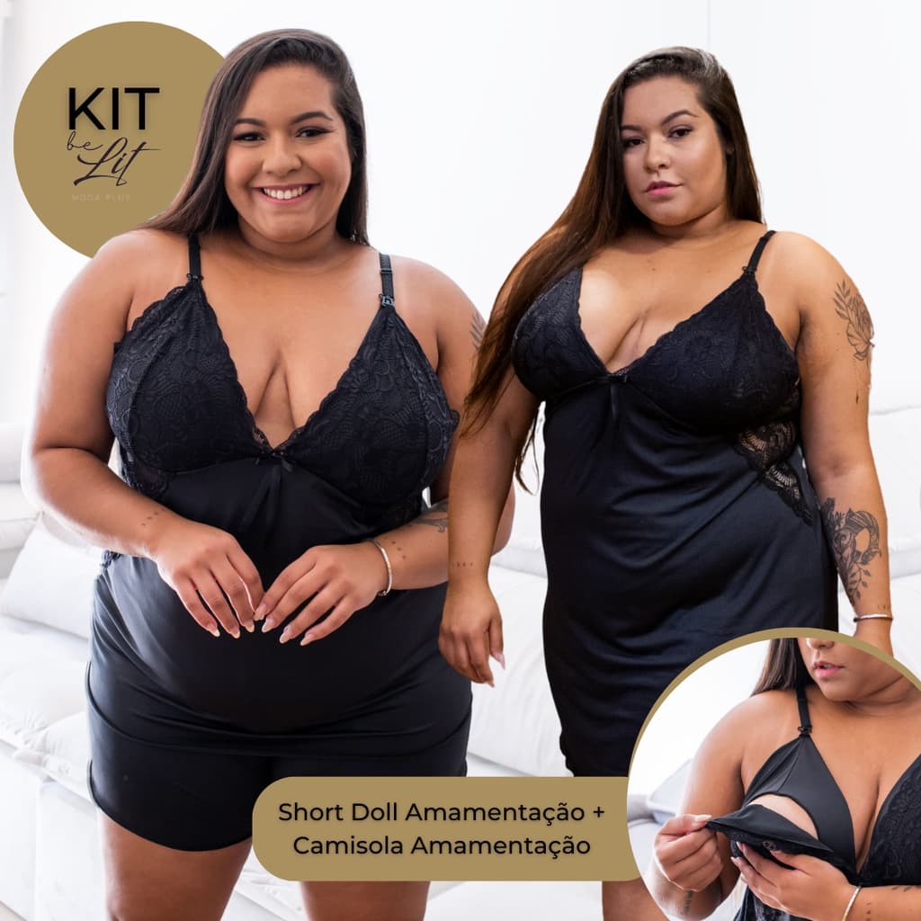 KIT 2 Peças – Camisola e Short doll Amamentação Plus Size 50 52 54 56 Confortável Gestante Maternidade BeLIT MODAS
