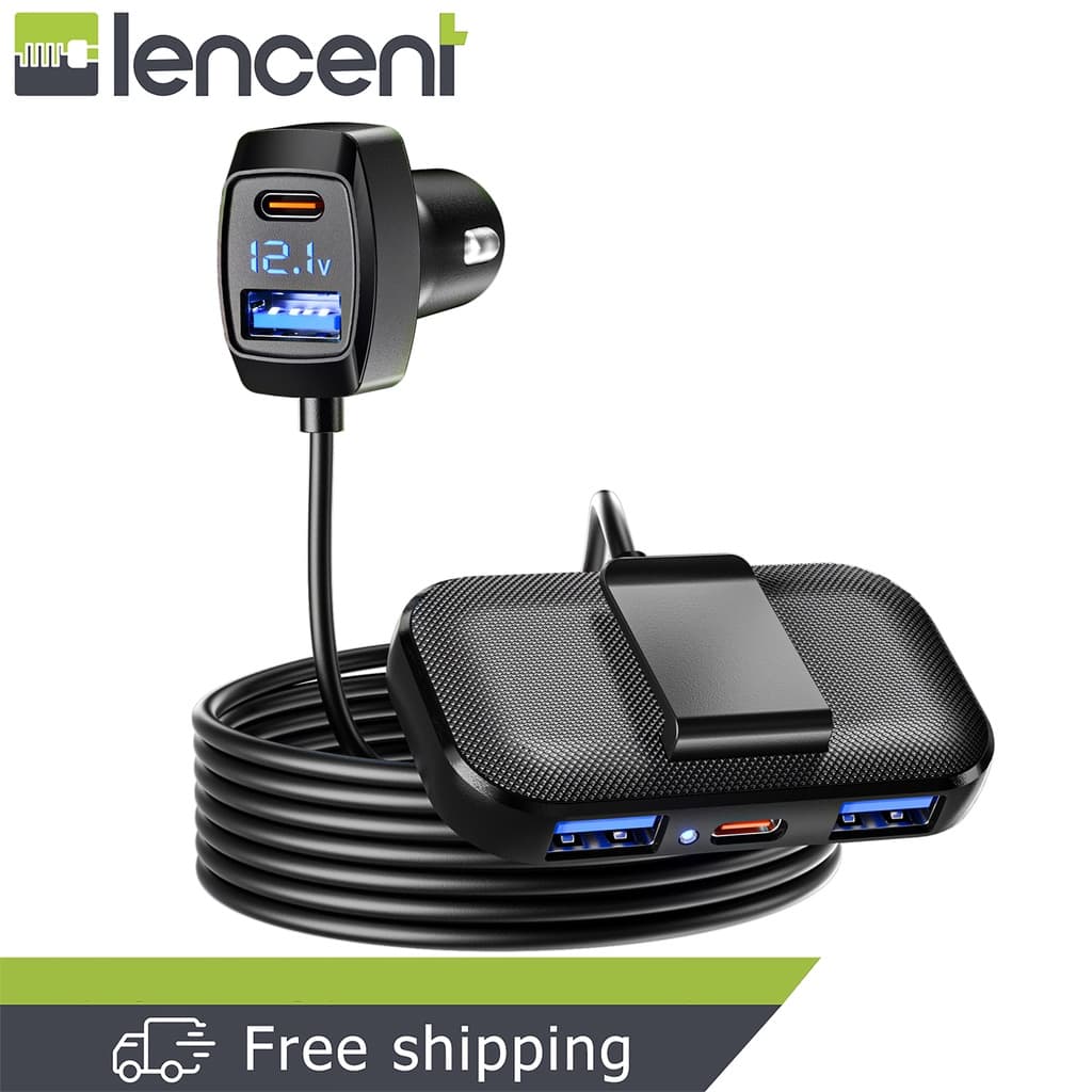 LENCENT 5-in-1 Multi-Port Car Charger 31W (Max) Adapter, 3 USB-A & 2 Type-C Ports with Extension 1.5 m Cablea