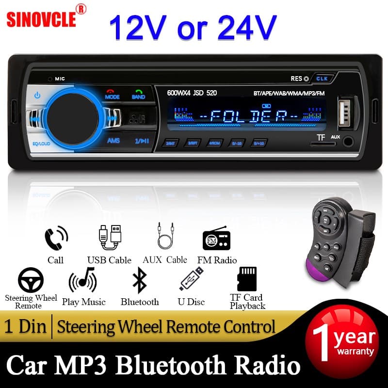 Reprodutor De Rádio Do Carro Bluetooth 12V Para 24V Caminhão 1Din Sterio 1 Din Estéreo FM Áudio Digital 60Wx4