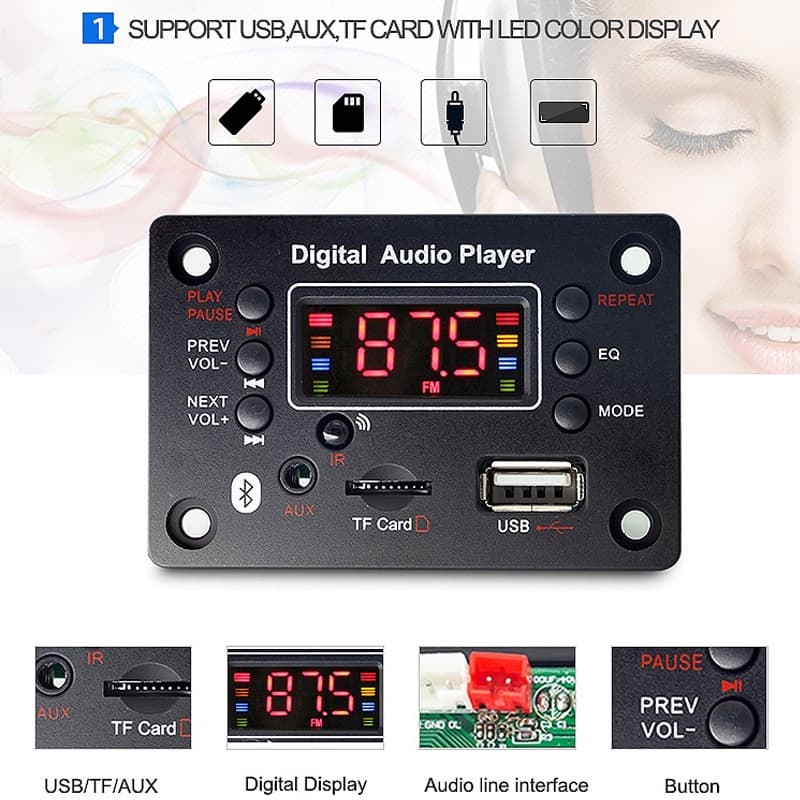 Placa Decodificadora MP3 Bluetooth 5.0 12V Amplificador De Áudio Automotivo Sem Perdas Modificado Placas De Circuito Decodificador