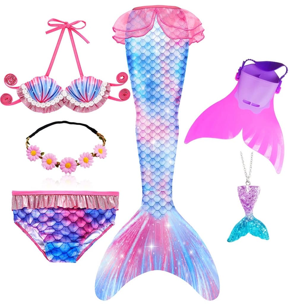 Conjunto De 6pcs Cauda De Sereia Com Monofina Para Roupa De Banho Meninas De 2-13 Anos