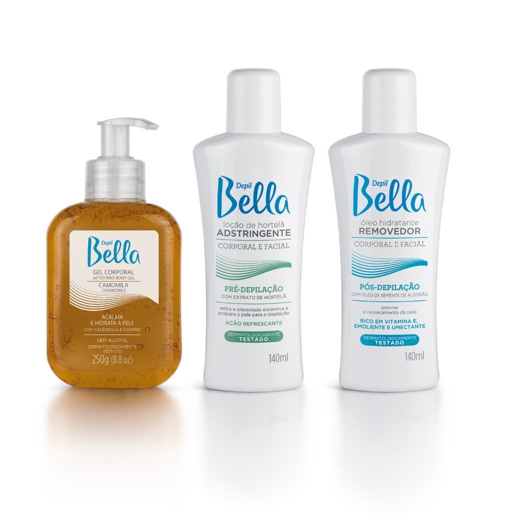 Kit Pré E Pós Depilação Loção Adstringente Óleo Removedor E Gel Calmante Camomila Depil Bella
