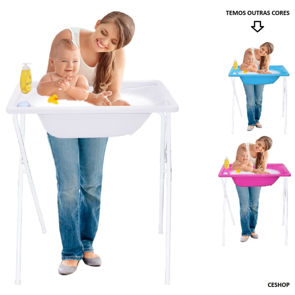 Banheira de Bebê com Suporte para Criança Menino e Menina Branca, Azul e Rosa