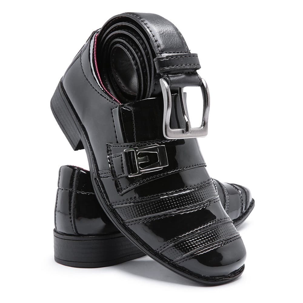 Kit Sapato Social Infantil Masculino Preto Com Cinto 443 Bico Quadrado Barato Conforto Leve