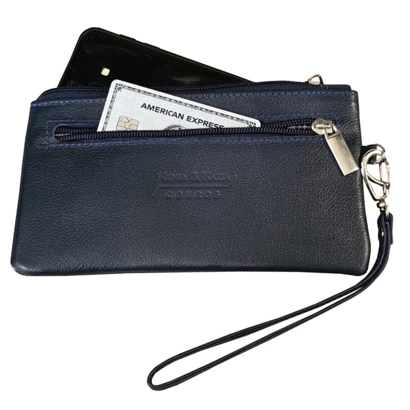 BOLSA PORTA CELULAR CARTÃO RG DE COURO LEGÍTIMO COM FECHAMENTO EM ZÍPER