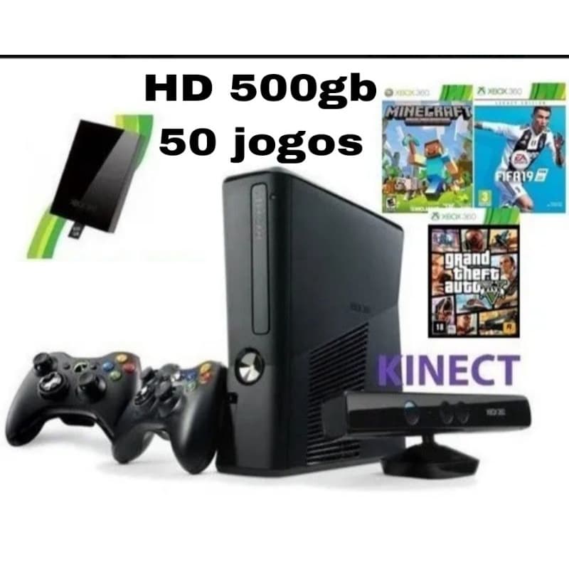 Xbox 360 slim ou super slim HD 500gb Kinect e 2 controle vários jogos