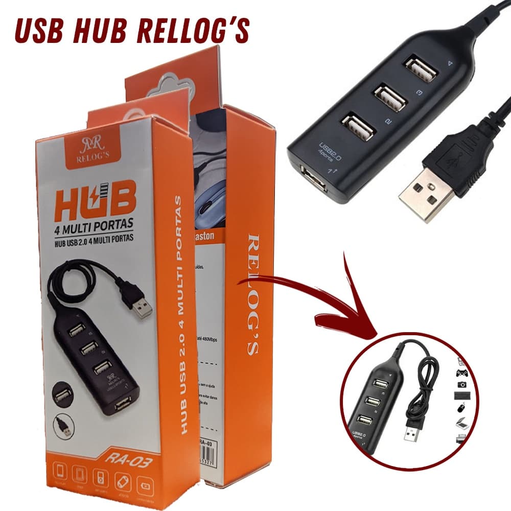 Hub Usb 2.0 4 Portas USB Cabo 0,5m Saída USB Relog’s RA-03 Preto Ótima Qualidade