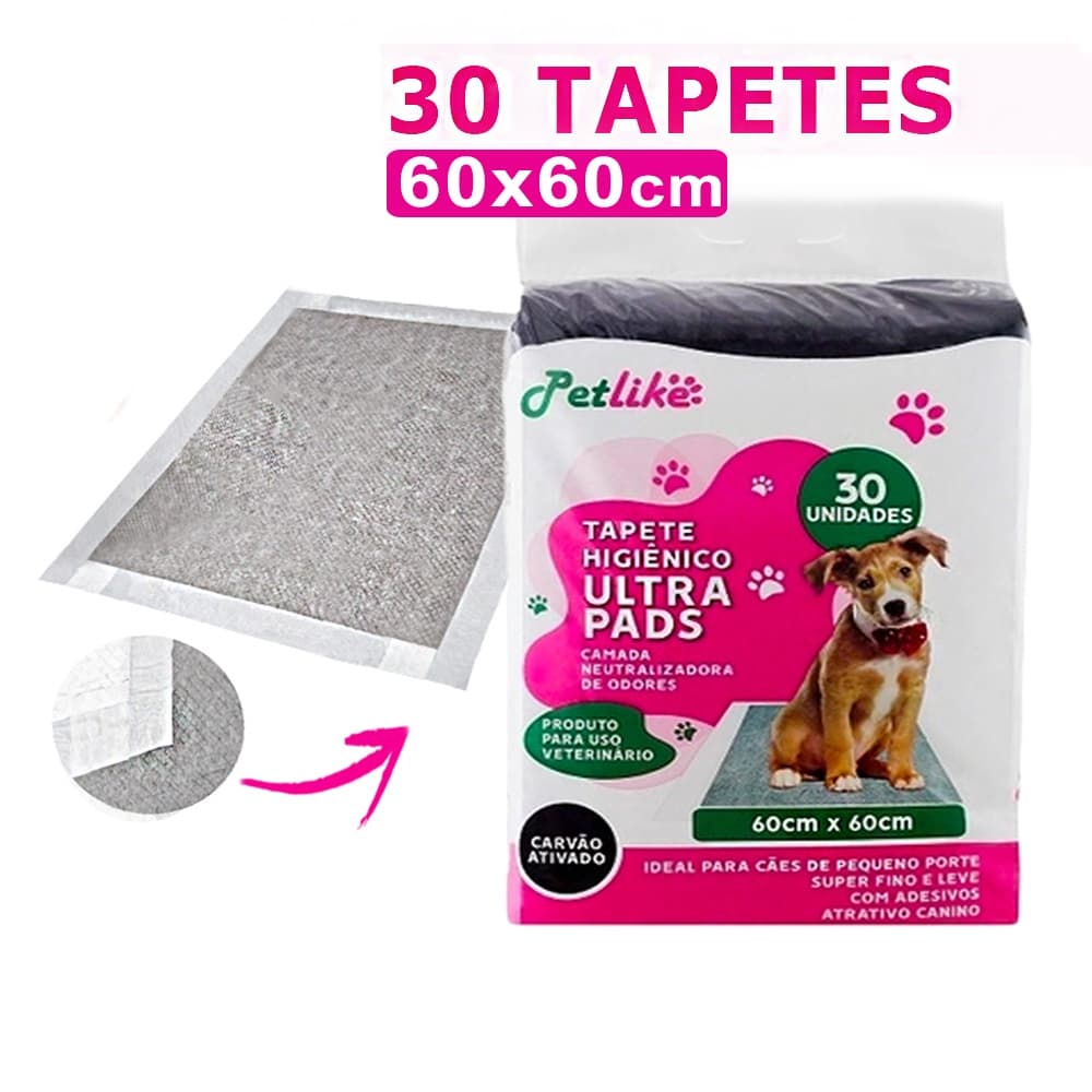 Tapete Higiênico Para Cães Ultra Pads 60x60cm 30 un Carvão Cães e Gatos Petlike Original