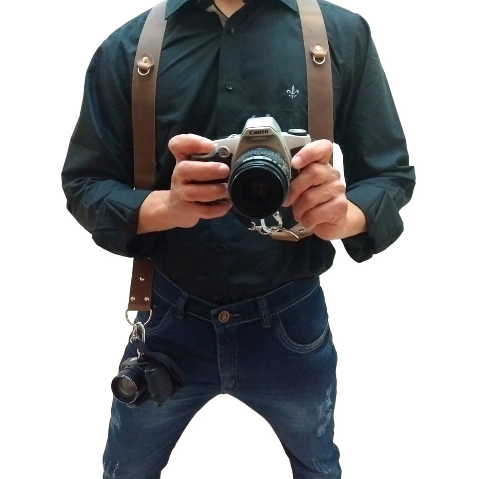 ALÇA DUPLA PARA CAMERA FOTOGRÁFICA EM COURO LEGÍTIMO CONFORTÁVEL E REGULÁVEL DSLR SLR CANON NIKON FOTÓGRAFO