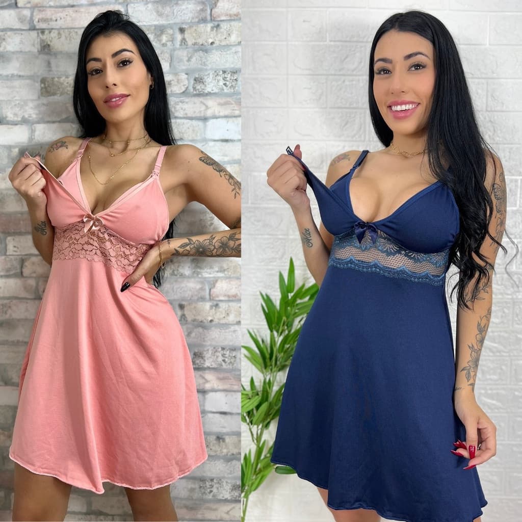 KIT 02 Camisolas Amamentação com Detalhe em Renda Saída Maternidade Grávida Gestante Lactante.