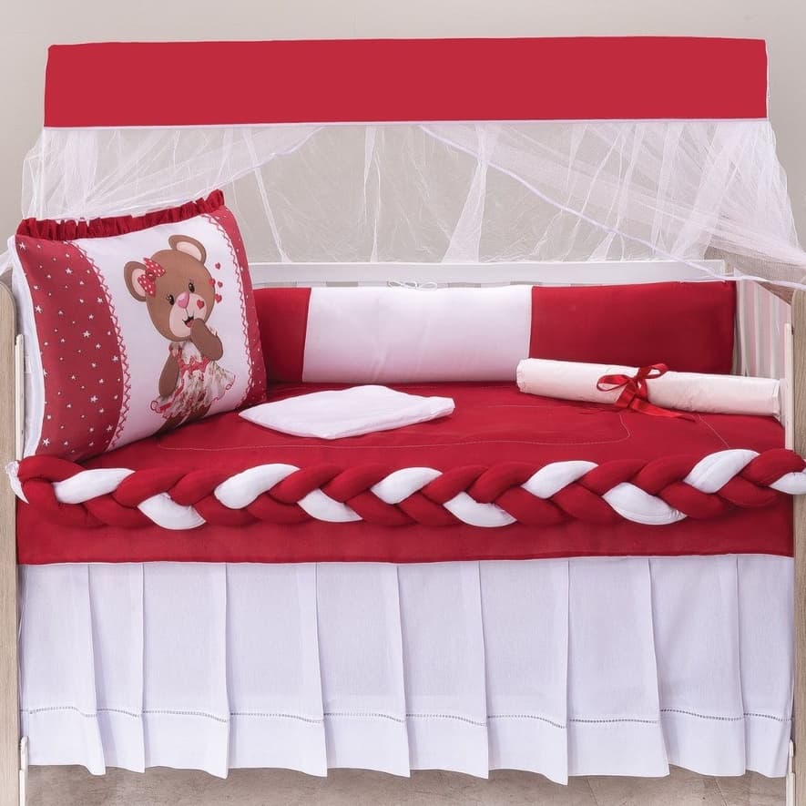Kit Berço de Menina Vermelho Ursinha Jujuba Padrão Americano Com Mosquiteiro e Trança 10 Peças
