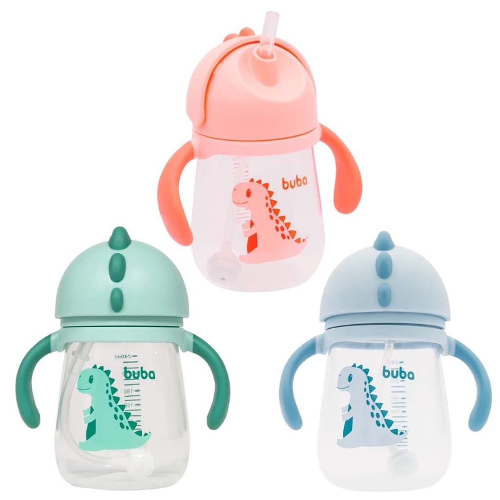 Copo Transição Dino Para Bebe Criança Com Canudo Silicone Treinamento Valvula Buba