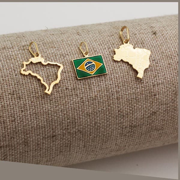 Pingentes do Brasil, Mapa do Brasil, Bandeira do Brasil Banhado em Ouro Legítimo 18k Alto Padrão