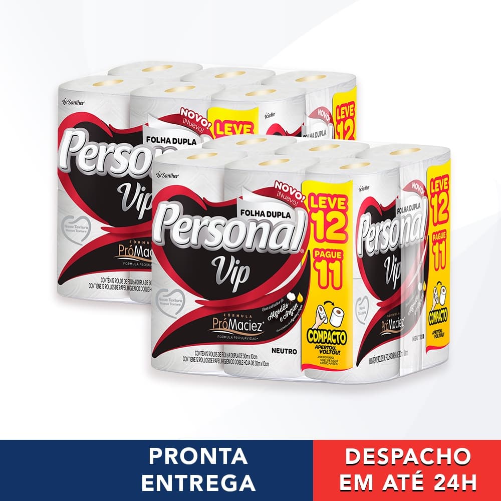 2 Pacotes De Papel Higiênico Folha Dupla Personal Vip Com 12 Rolos 30m Muito Macio