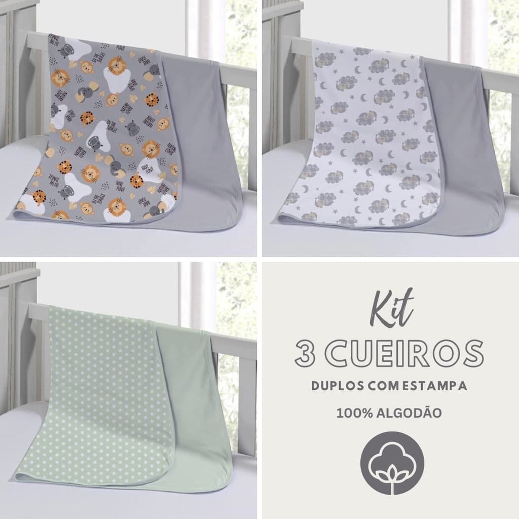 Kit 3 Cueiro Duplo 100% Algodão Varias Estampas Conforto de Bebê