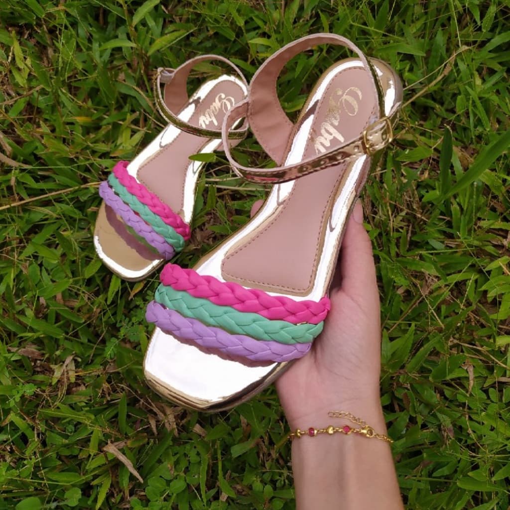 Sandália Rasteira Juvenil Infantil 3 Tranças Coloridas Moda Feminina Loja da Fábrica