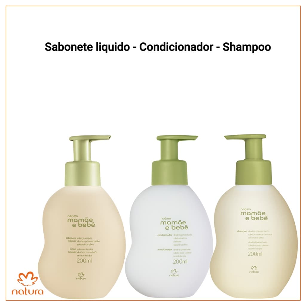 Combo Kit Natura Mamãe e Bebê Tradicional Sabonete liquido 200ml + Shampoo 200ml + Condicionador 200ml