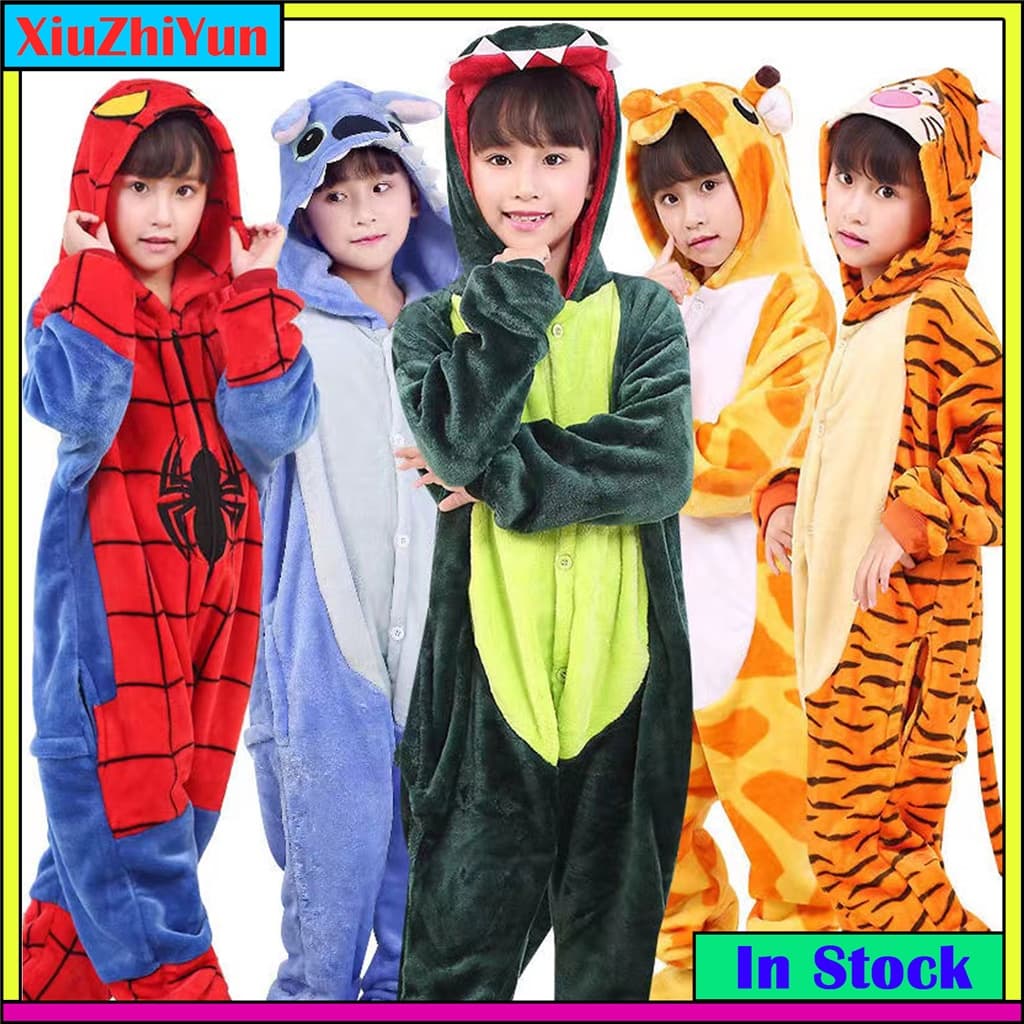 Meninas Meninos Inverno Homem-Aranha Dinossauro Desenho Animado Anime Animal Pijamas Criança Crianças Roupa De Dormir Flanela Macacão