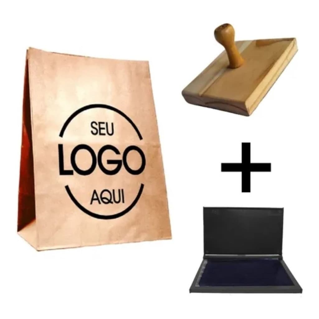 Kit carimbo grande personalizado com logo marca para Sacolas Kraft 9x6cm