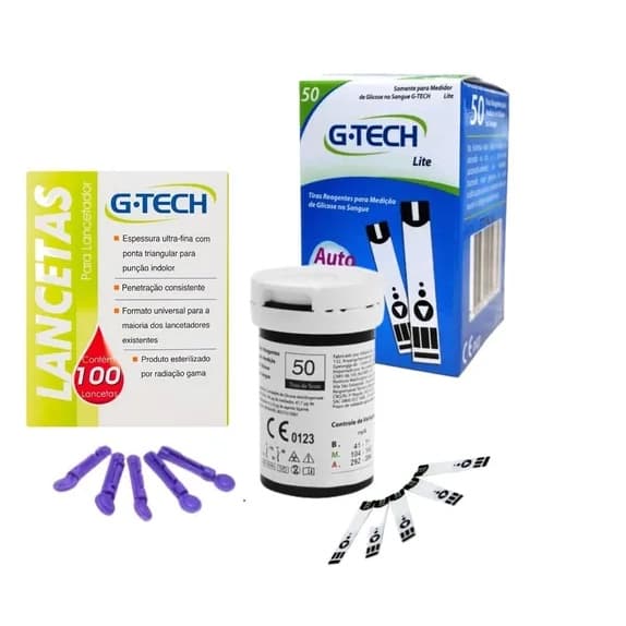 50 Fitas Tiras Reagentes G-tech Lite Glicemia + 100 Lanceta
