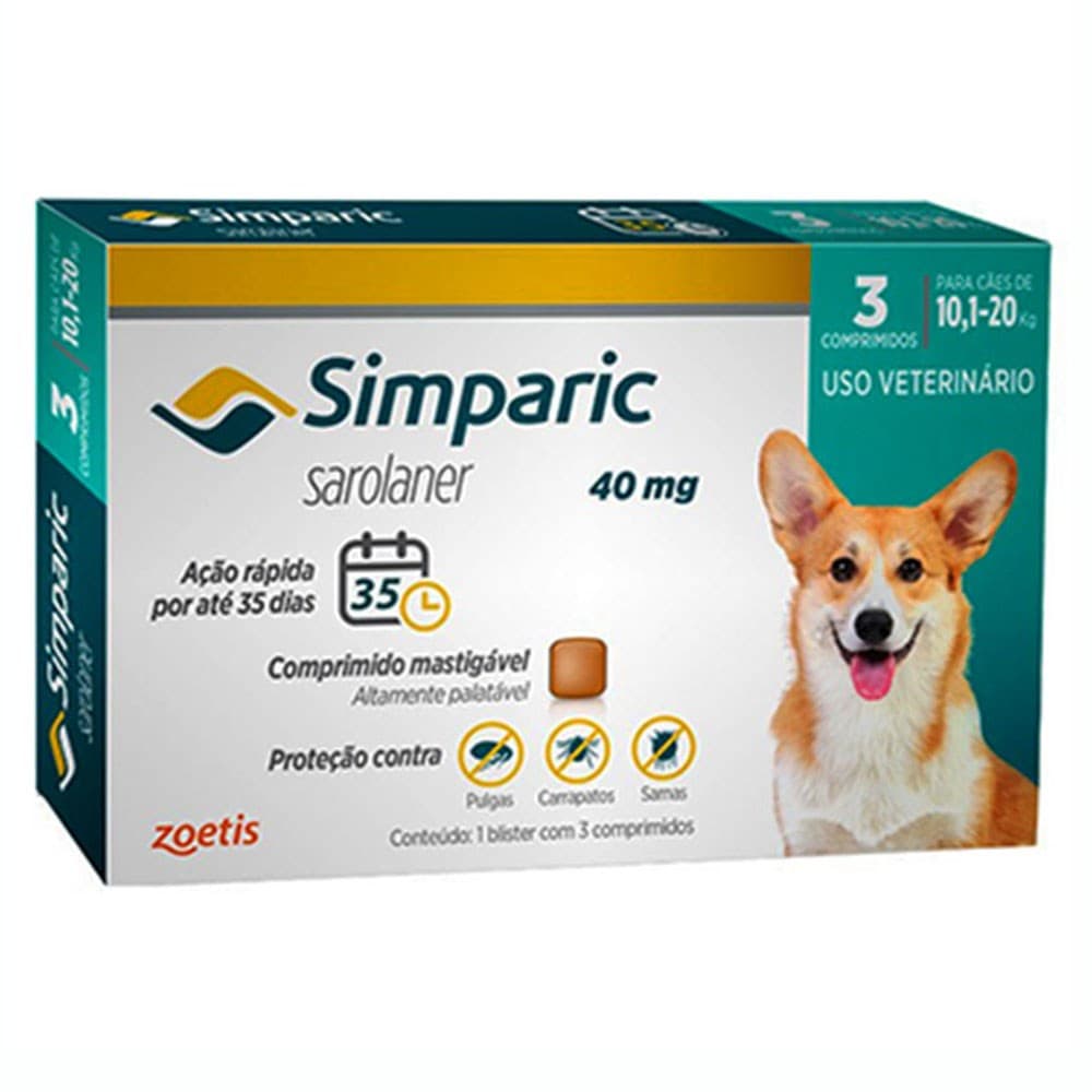 Simparic Antipulgas e Carrapatos Caes 10,1 a 20 Kg c/3 Comprimidos