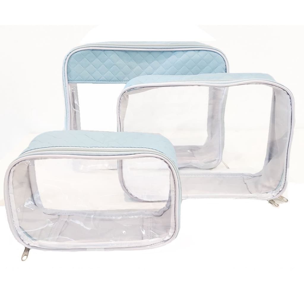 Organizador Mala Bebe Necessaire Kit 3 Peças Transparente Azul Passeios Malas Maternidade Presente
