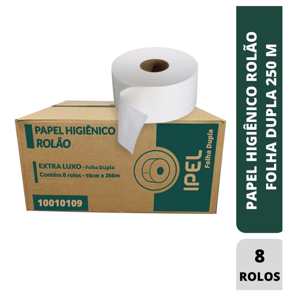 8 Rolos Papel Higiênico Rolão Folha Dupla 250m 100% Celulose Branco - Ipel