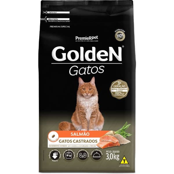 Ração Golden Para Gatos Adultos Castrados Sabor Salmão 3Kg