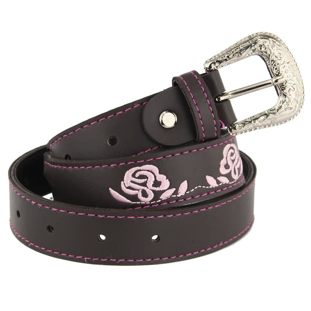 Cinto Country de Couro Infantil Bordado Rosa e Fivela de Metal