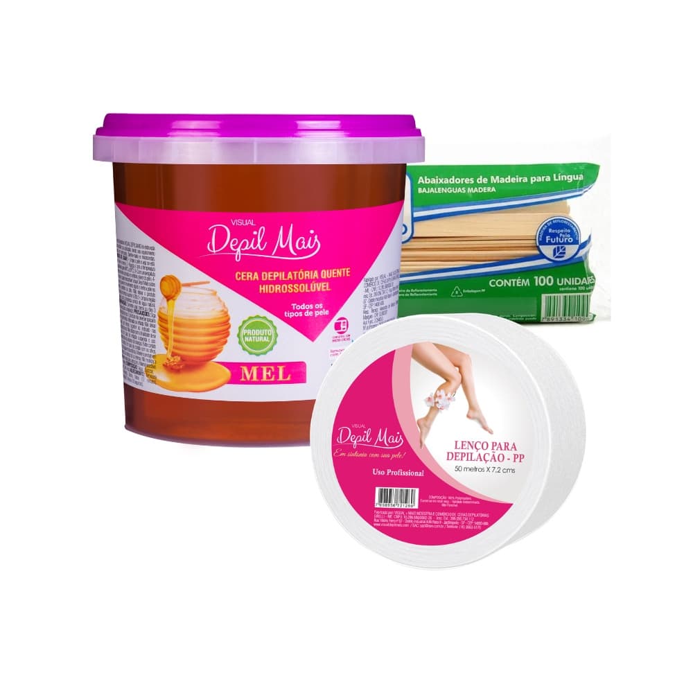 Kit Cera Depilatória Quente Depil Mais 1300g+Papel rolo 50m 80gr 50mx7,2cm+abaixador madeira 100un