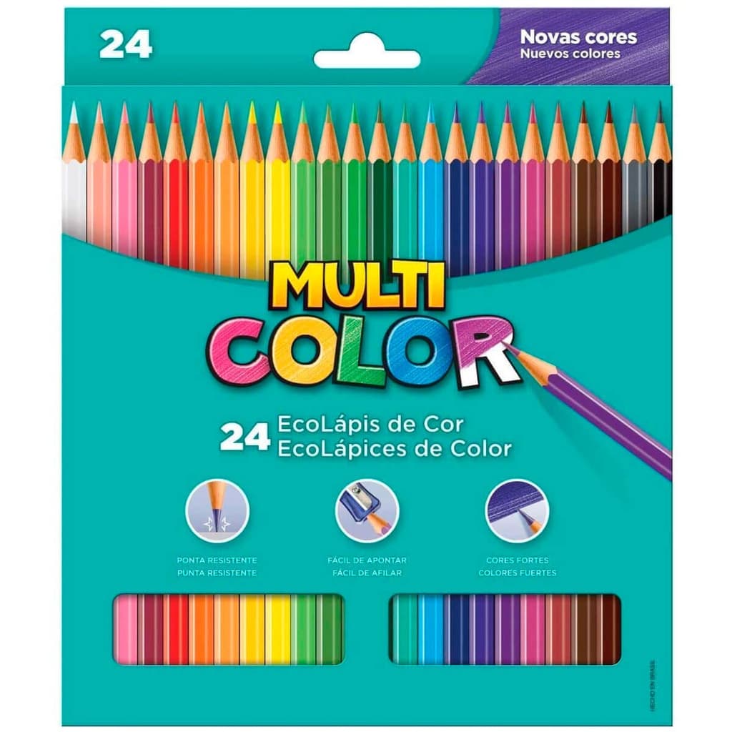 Lápis De Cor Multicolor Sextavado 24 Cores Resistente Super Eco