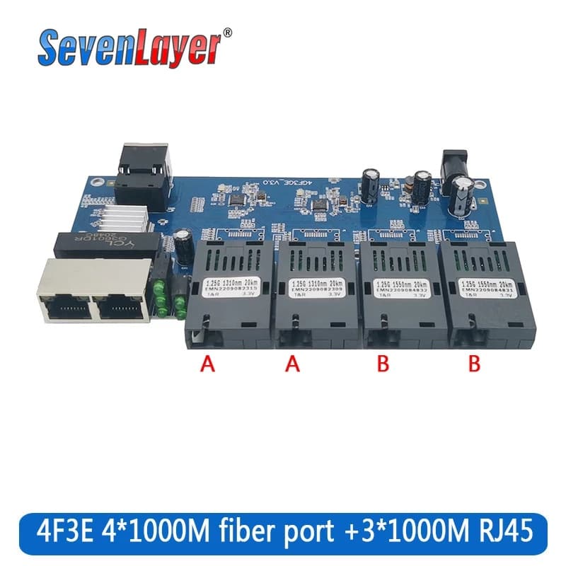Gigabit Fiber Optic Media Converter SC 100/1000M PCBA Board Singlemode 4 Fiber3 RJ45 Ethernet Switch Transceiver Simple