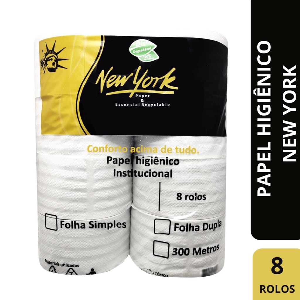 8 Rolos Papel Higiênico Rolão Luxo Econômico 300m Folha Simples Branco - New York