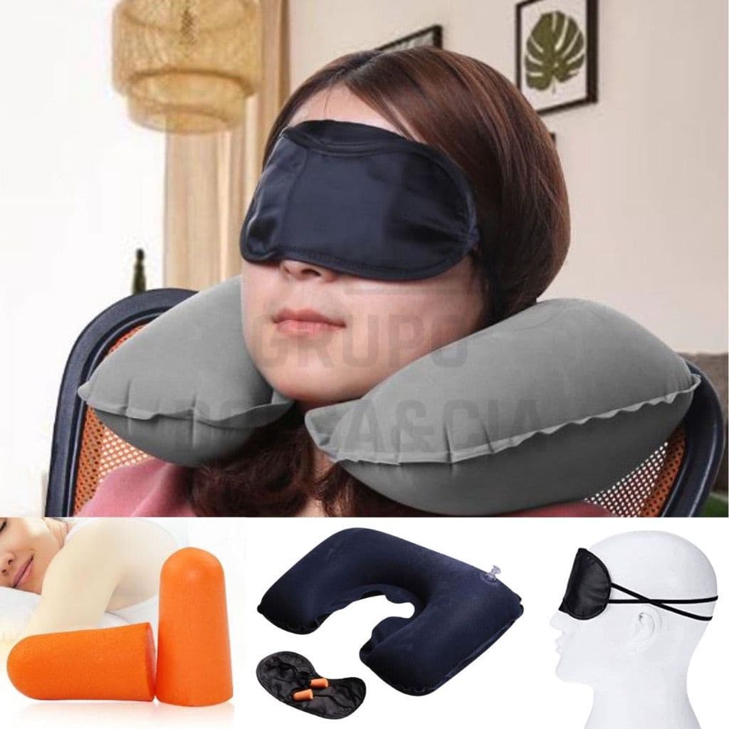 Almofada de Pescoço + Tapa Olho + Protetor Auricular Viagem Travesseiro Inflável Avião Ônibus