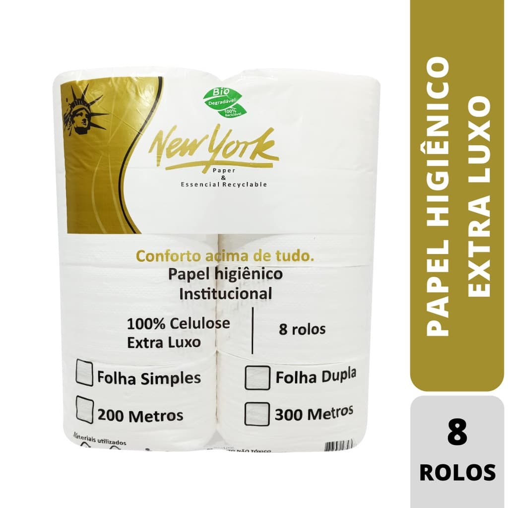 8 Rolão Papel Higiênico Extra Luxo 300m 100% CELULOSE NEW YORK