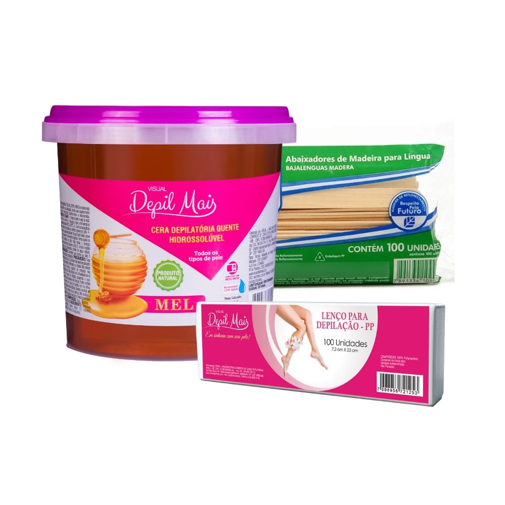 Kit Cera Depilatória Quente Depil Mais 600g + Papel tnt 100un 80gr 23x7,2 + abaixador madeira 100un