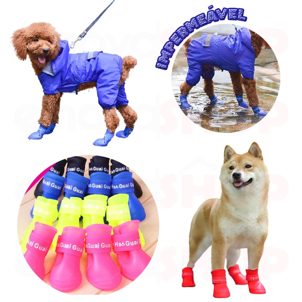 Kit 4 Sapato Botinha Sapatinho para Pet de Silicone a Prova D´água Impermeável