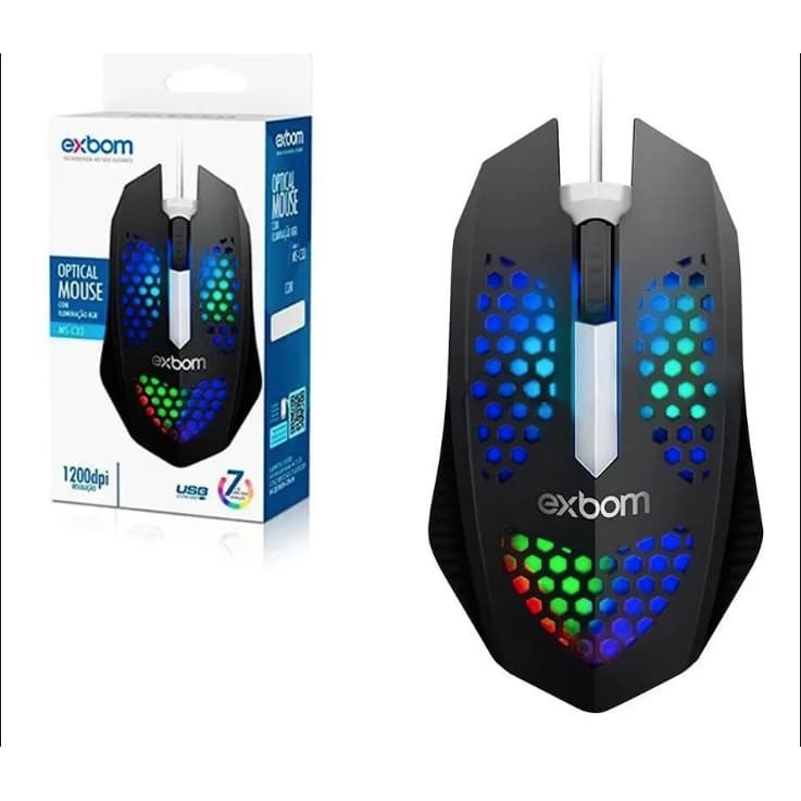 Mouse optico USB com iluminação RGB 1200 dpi MS-C33 Exbom