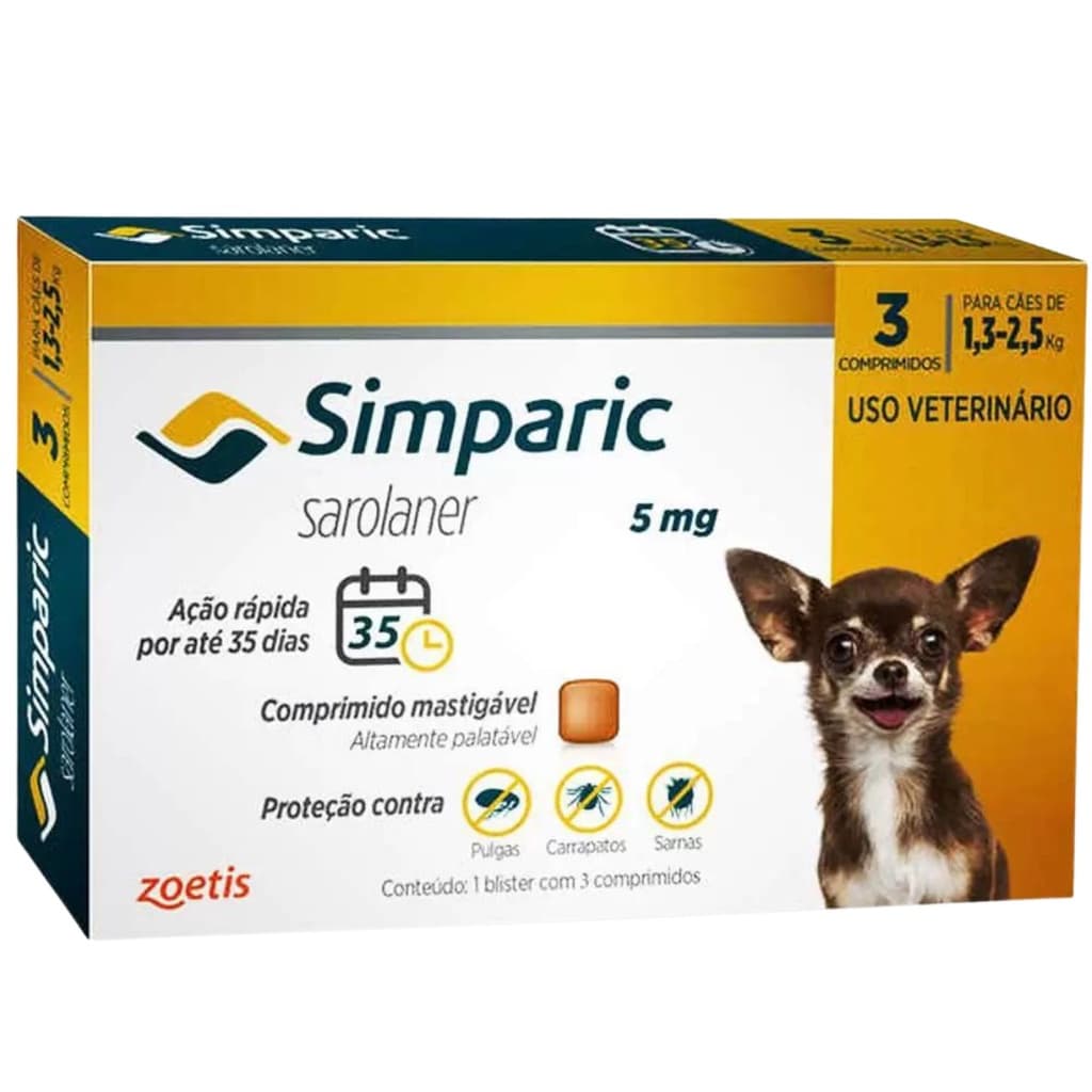 Simparic de 1,3kg a 2,5kg antipulgas e carrapatos para cachorros com 3 comprimidos 5mg Zoetis