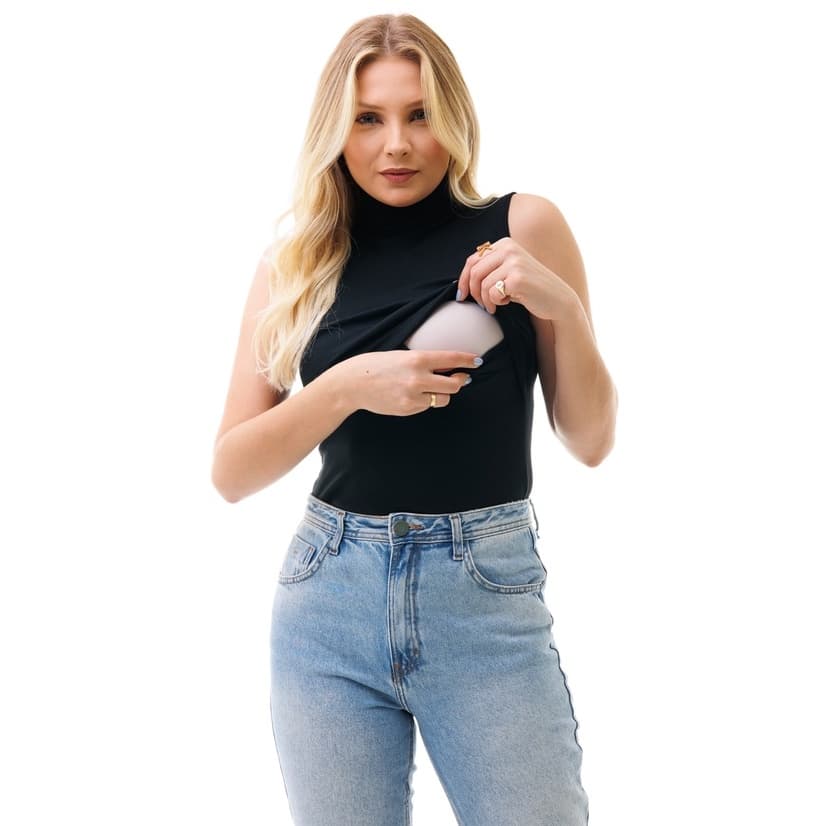 CAMISETA FEMININA COM GOLA ALTA SEM MANGA E ABERTURA PARA AMAMENTAÇÃO - VÁRIAS CORES